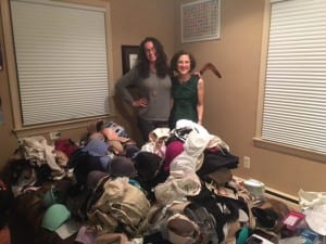 Carol Preston and Dana Marlowe with a huge pile of donations at Carol's party