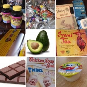 Grouped image of donations, including chocolate, apple sauce, an avocado, vitamins, a novel, Iranian tea, a book about twins, and saran wrap