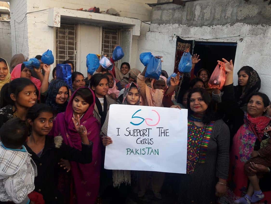 Sara Asif, director of I Support the Girl's Pakistan affiliate, teaching local women about menstrual hygiene