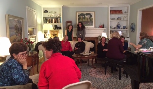 Carol Preston and Dana Marlowe and others mingling at Carol's party